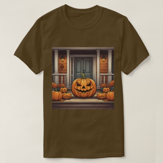 Pompoenen op veranda Halloween T-shirt (Design voorkant)