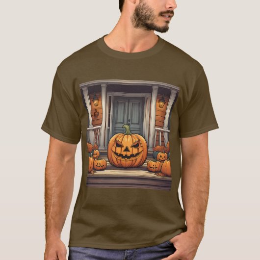 Pompoenen op veranda Halloween T-shirt (Voorkant)
