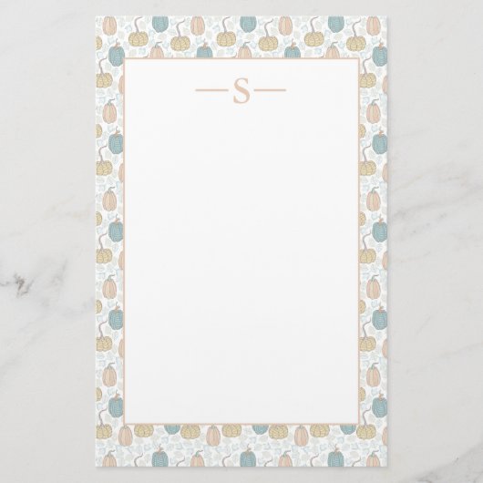 Pompoenen Oranje Blauw Zachte Kleuren Monogram Vin Briefpapier (Voorkant)