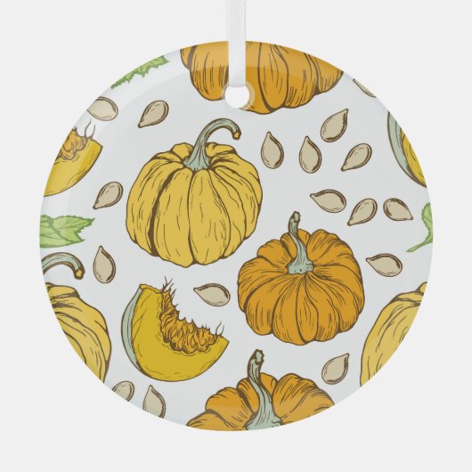 Pompoenen Retro Schets: Thanksgiving Patroon. Glas Ornament (Voorkant)