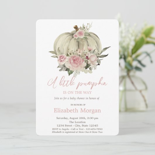 Pompoenen, roze rozen, Waterverf Baby shower Kaart (Staand voorkant)