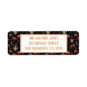 Pompoenen Schedels Bloemen Halloween Etiket