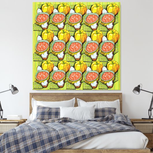 Pompoenen, Soep en Gestreepte Achtergrond Canvas Afdruk (Insitu (Slaapkamer))