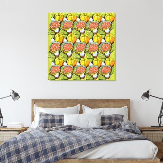 Pompoenen, Soep en Gestreepte Achtergrond Canvas Afdruk (Insitu (Slaapkamer))