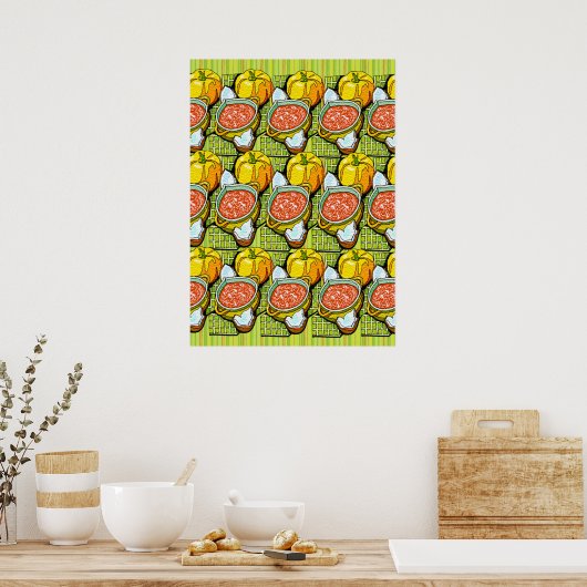 Pompoenen, Soep en Gestreepte Achtergrond Poster (Keuken)