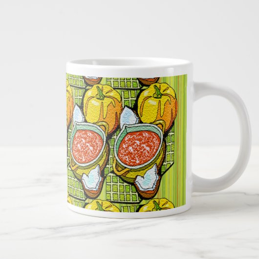 Pompoenen, soep en gestripte achtergrond grote koffiekop (Rechts)