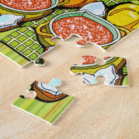 Pompoenen, soep en gestripte achtergrond legpuzzel (Zijkant)