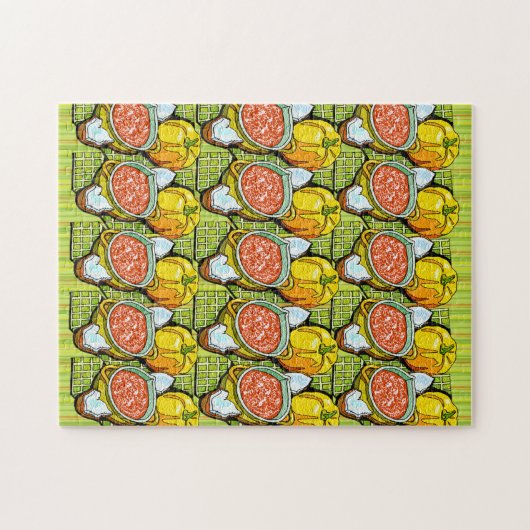 Pompoenen, soep en gestripte achtergrond legpuzzel (Horizontaal)