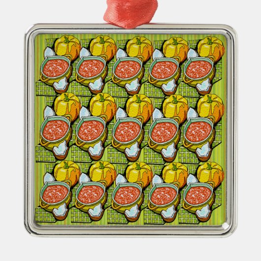 Pompoenen, soep en gestripte achtergrond metalen ornament (Voorkant)