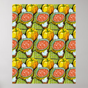 Pompoenen, soep en gestripte achtergrond poster