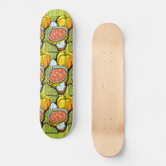 Pompoenen, soep en gestripte achtergrond skateboard (Voorkant)