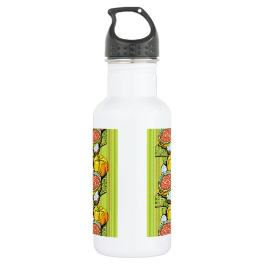 Pompoenen, soep en gestripte achtergrond waterfles  (Achterkant)