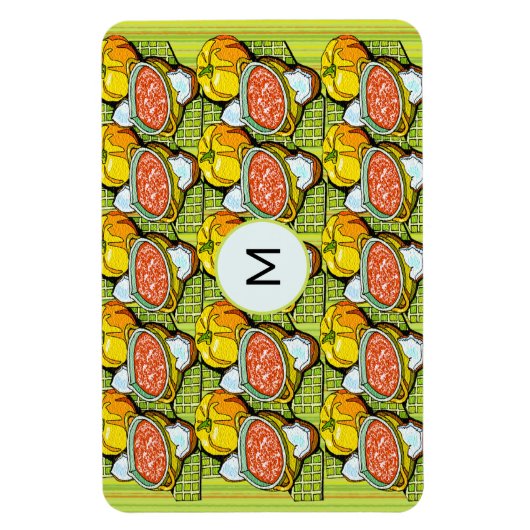 Pompoenen, soep en gestripte achtergrondmonogram magneet (Verticaal)
