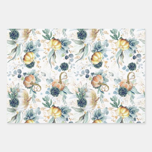 Pompoenen Succulenten Goud Groen Eucalyptus Herfst Inpakpapier Vel (Voorkant 3)