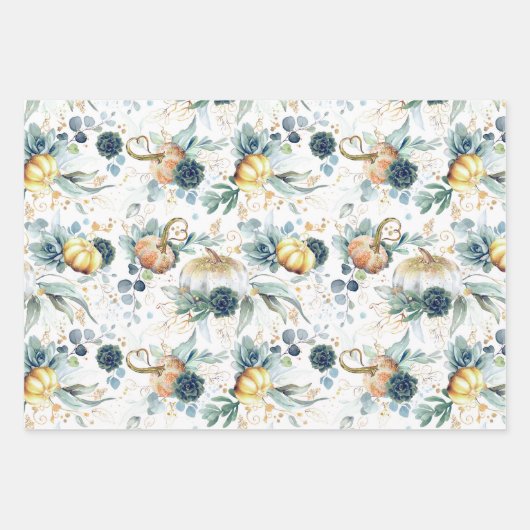 Pompoenen Succulenten Goud Groen Eucalyptus Herfst Inpakpapier Vel (Voorkant 2)