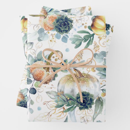 Pompoenen Succulenten Goud Groen Eucalyptus Herfst Inpakpapier Vel (In situ)