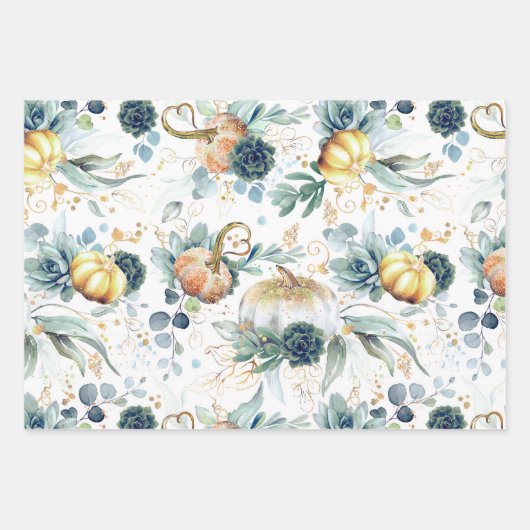 Pompoenen Succulenten Goud Groen Eucalyptus Herfst Inpakpapier Vel (Voorkant)