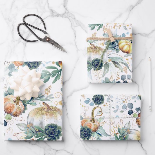 Pompoenen Succulenten Goud Groen Eucalyptus Herfst Inpakpapier Vel (Voorkant)