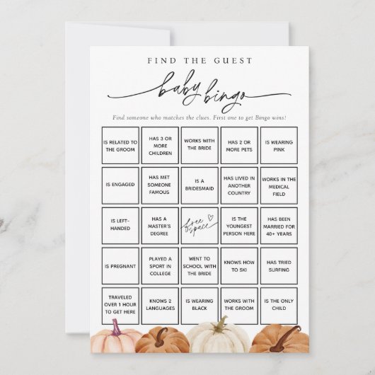 Pompoenen Vind de Gast Baby Bingo Game Kaart (Voorkant)