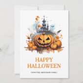 Pompoenen vleermuizen spookhuis Happy Halloween Feestdagenkaart (Voorkant)