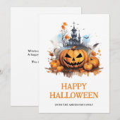 Pompoenen vleermuizen spookhuis Happy Halloween Feestdagenkaart (Voorkant / Achterkant)