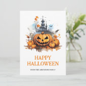 Pompoenen vleermuizen spookhuis Happy Halloween Feestdagenkaart (Staand voorkant)