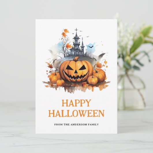 Pompoenen vleermuizen spookhuis Happy Halloween Feestdagenkaart (Staand voorkant)