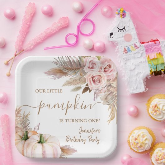 Pompoenen Waterverf Boho Meisjes Herfst 1e Verjaar Papieren Bordje (Feest)