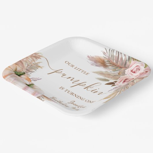 Pompoenen Waterverf Boho Meisjes Herfst 1e Verjaar Papieren Bordje (Gebogen)