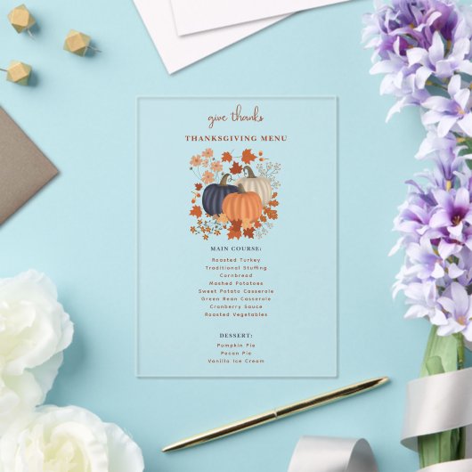 Pompoenen Wildflowers Thanksgiving Dinner Menu Acryl Uitnodigingen (Insitu (Huwelijk))