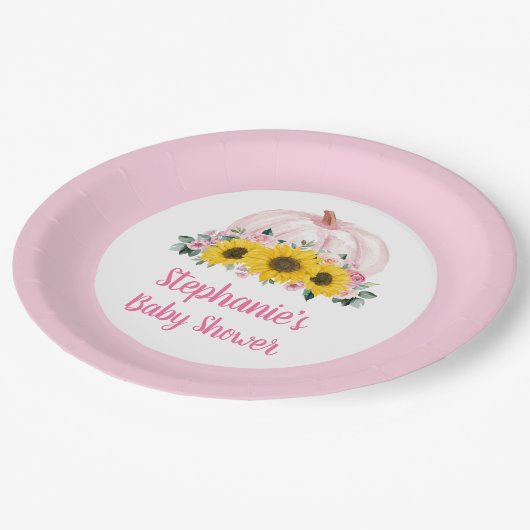 Pompoenen Zonnebloem Roze Herfst Baby shower Papieren Bordje (Gekanteld)