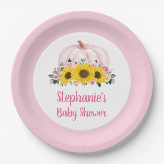 Pompoenen Zonnebloem Roze Herfst Baby shower Papieren Bordje (Voorkant)