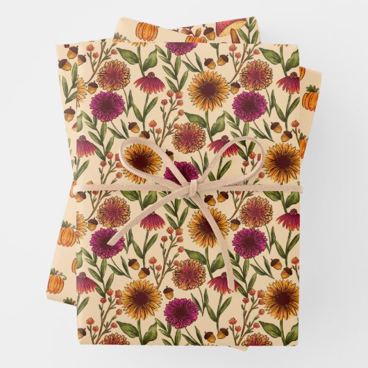 Pompoenen, Zonnebloemen en Paddenstoelen op Cream Inpakpapier Vel (In situ)