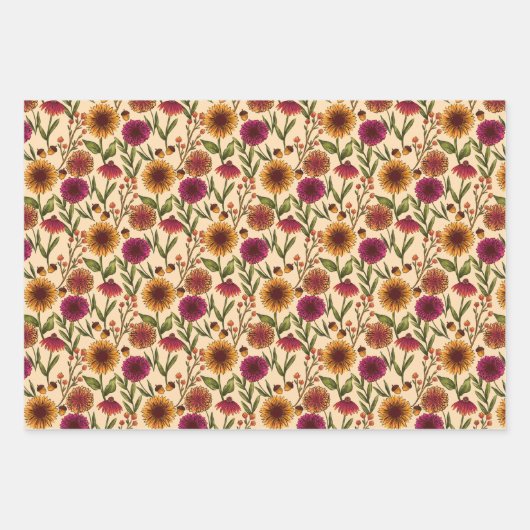 Pompoenen, Zonnebloemen en Paddenstoelen op Cream Inpakpapier Vel (Voorkant)