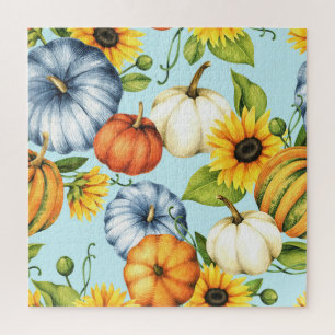 Pompoenen, zonnebloemen, waterverf illustratie legpuzzel