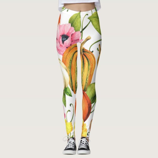 Pompoenen Zonnebloemen: Waterverf Patroon Design Leggings (Voorkant)