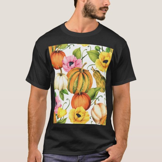 Pompoenen Zonnebloemen: Waterverf Patroon Design T-shirt (Voorkant)