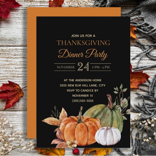 Pompoenen Zwarte Thanksgiving Dinerfeest Kaart