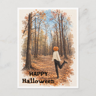 Pompoenhoofd in herfstbos watercolor ansichtkaart feestdagenkaart