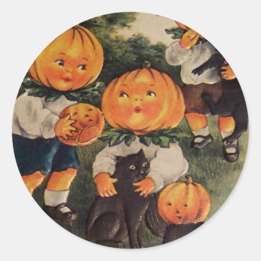 Pompoenhoofden (Oude Halloweenkaart) Ronde Sticker (Voorkant)