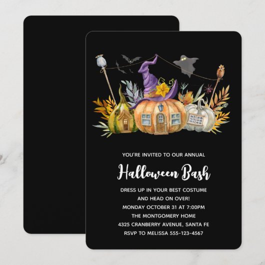 Pompoenhuis met Ghost en Bats Halloween Kaart (Voorkant / Achterkant)