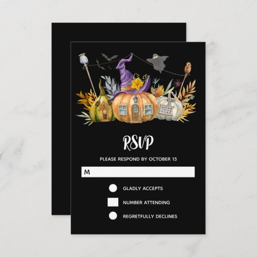 Pompoenhuis met Ghost en Bats RSVP Kaartje (Voorkant / Achterkant)