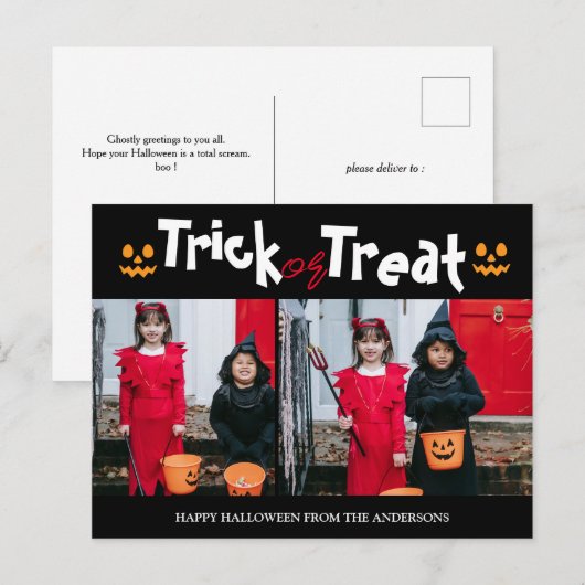 pompoenjack-o-lantaarn Halloween Familie Twee Foto Feestdagenkaart (Voorkant / Achterkant)