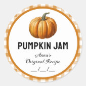 Pompoenjam met geruit patroonlabel ronde sticker (Voorkant)