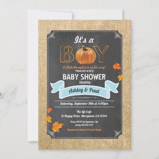 Pompoenjongen douche burlap houtsalk kaart (Voorkant)