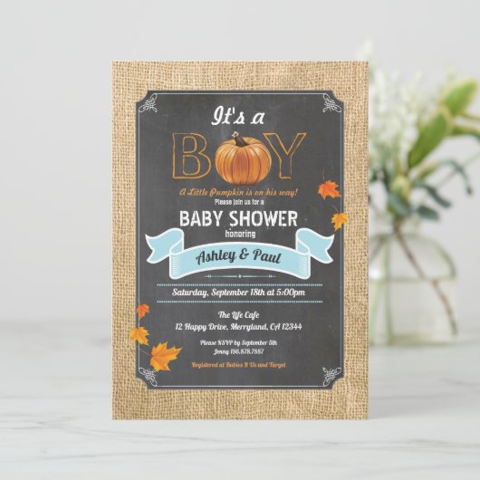 Pompoenjongen douche burlap houtsalk kaart (Staand voorkant)