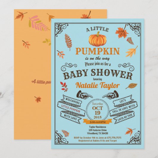  pompoenjongen doucheuitnodiging blauw kaart (Voorkant / Achterkant)