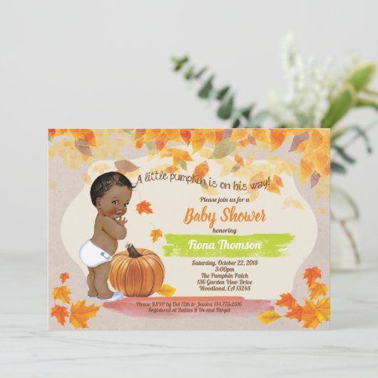 Pompoenjongen doucht rustige  herfst kaart (Staand voorkant)