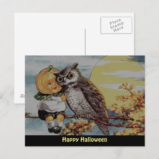pompoenjongen en kippen op het Briefkaart Hallowe (Voorkant / Achterkant)