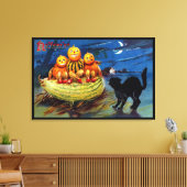 Pompoenkarakters en zwarte kat canvas afdruk (Insitu (Woonkamer))